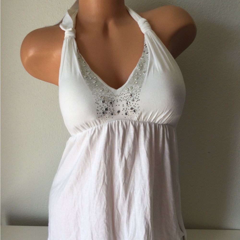 Victoria's Secret White Halter Tank with Rhinestone V-Neck